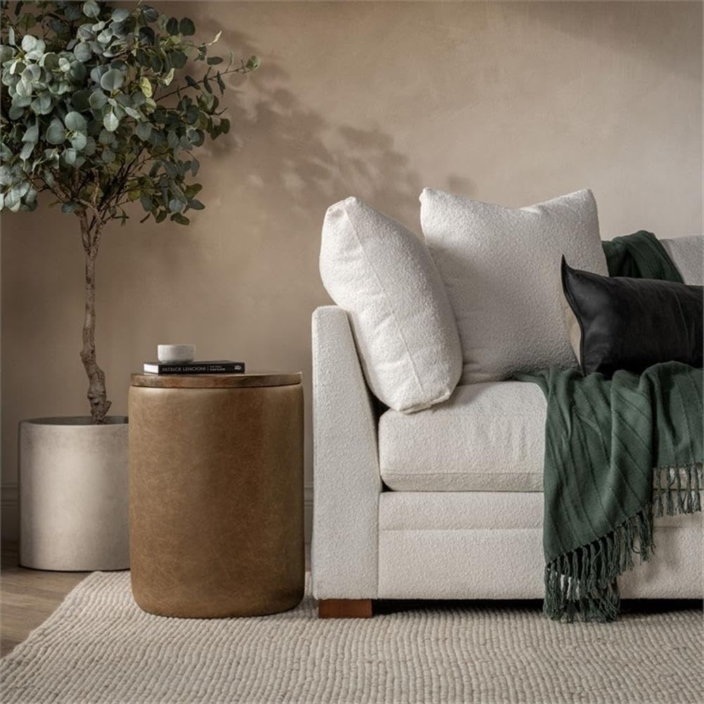 Pemberly Row Mango Wood Leather Wrap Accent End Table, Chestnut Finish, 16Wx16Dx24H, Rustic Grain Patterns, Genuine Leather Base, Round Tabletop, Elegant Modern or Rustic Living Room Furniture