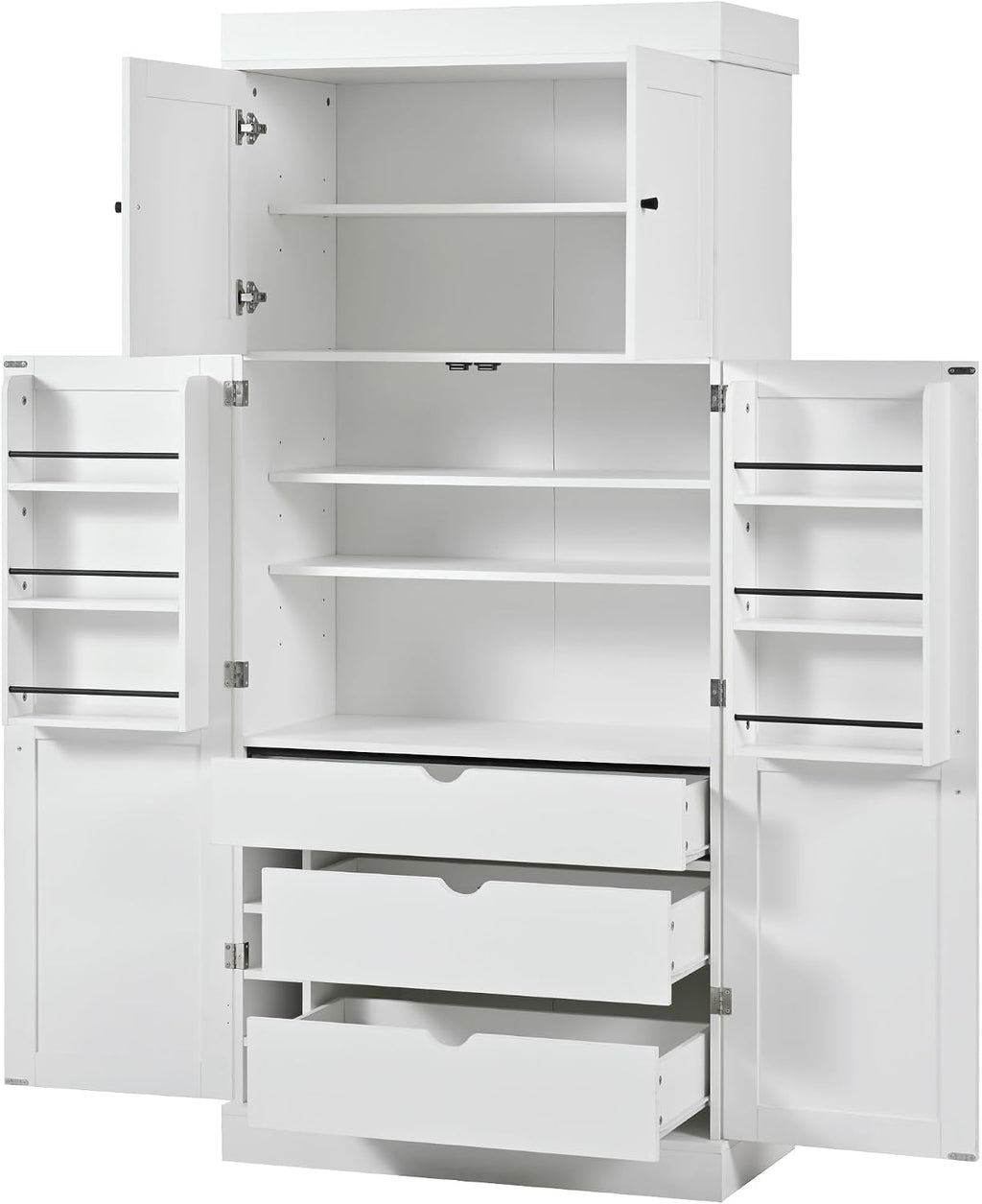 Polibi 77" Tall Freestanding Kitchen Pantry Cabinet, 35" L x 17.7" W Modern Shaker Style Storage Cupboard with Adjustable Shelves, Wine Racks, Drawers, Door Shelves, White