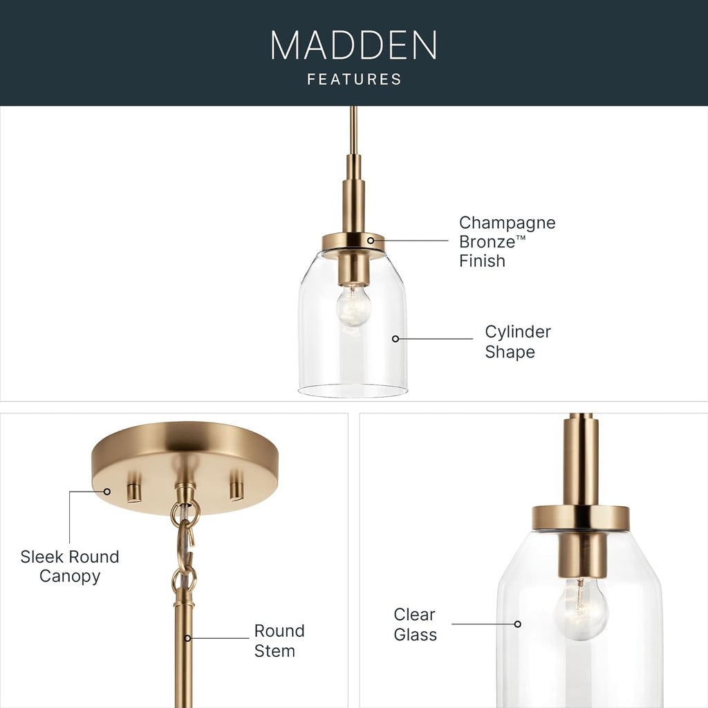 Kichler Madden 1-Light Mini Pendant Light Fixture with Clear Glass Shade in Champagne Bronze, Sloped Ceiling Compatible for Kitchen Island Hanging Lighting (15" x 7 "), 52725CPZ
