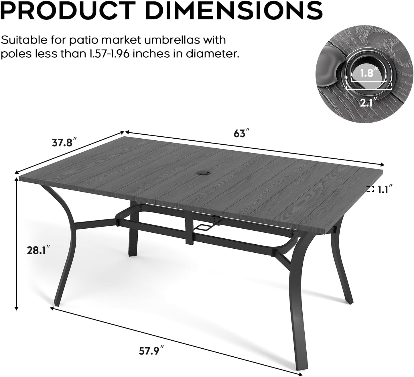 63”x37.8” Metal Outdoor Dining Table for 6,Rectangular Patio Dining Table with Adjustable Umbrella Hole,All-Weather Black Outdoor Patio Table for Porch, Garden