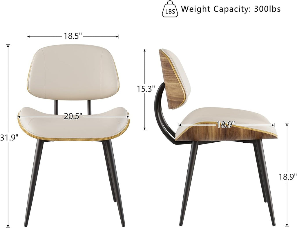 Mid Century Modern Dining Chairs Set of 4, PU Leather Armless Kitchen Chairs with Walnut Bentwood Back & Metal Legs, Sturdy Retro Accent Chairs for Dining Room, Living Room, Beige