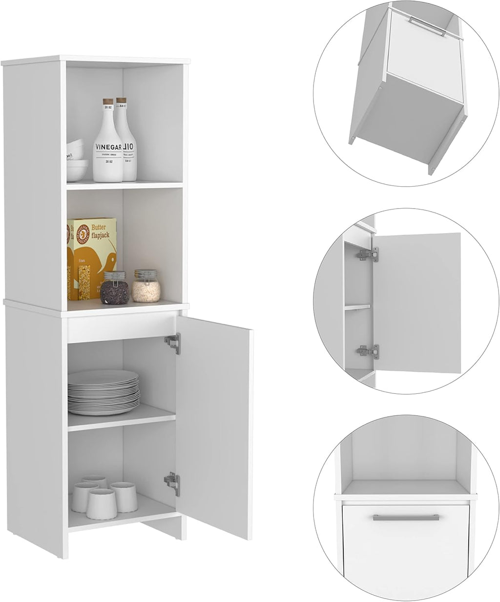 Kitchen Pantry 59" H, Two Open Storage Shelves, Single Door Cabinet, Two Interior Shelves, White,17.71 * 15.74 * 59.29