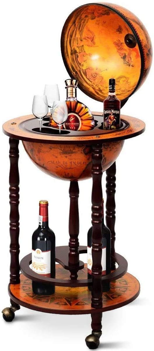 17" Wooden Globe Wine Rack, Wooden Globe Wine Bar Stand, Freely Movable Stable Liquor Bottle Shelf, Nautical Chart Wine Storage Cabinet, 16th Century Retro Wine Cupboard, Retro Brown