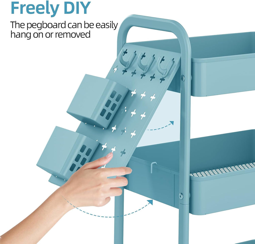 TOOLF Metal Rolling Storage Cart, 3-Tier Utility Mobile Cart with DIY Pegboards, Serving Trolley Cart with Baskets Hooks, for Kitchen, Bathroom, Office, Home, Classroom (Blue)