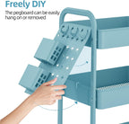 TOOLF Metal Rolling Storage Cart, 3-Tier Utility Mobile Cart with DIY Pegboards, Serving Trolley Cart with Baskets Hooks, for Kitchen, Bathroom, Office, Home, Classroom (Blue)