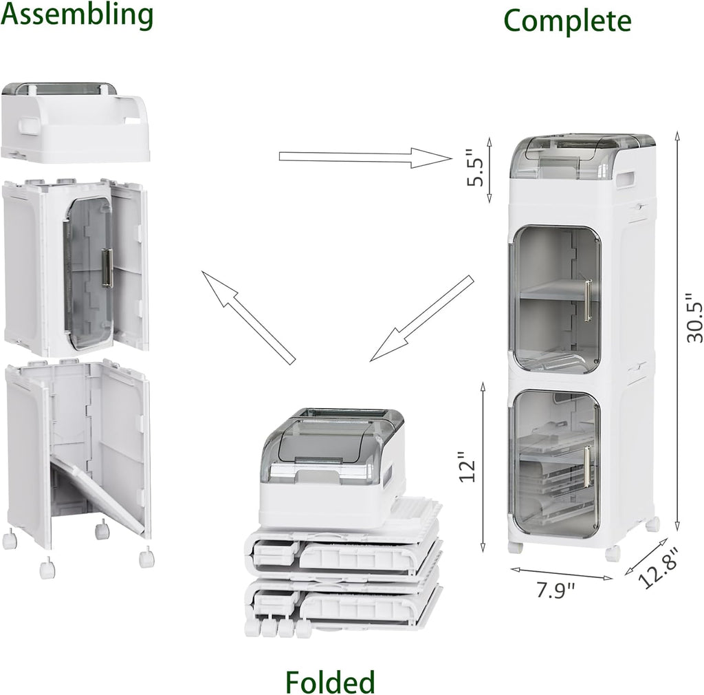 BINSIO 3-Tiers Toilet Paper Storage, Slim Bathroom Organizers and Storage, Bathroom Counter Organizer, Foldable Organizer Storage Cabinet, Portable Laundry Room Organization, Plastic White Clear Doors