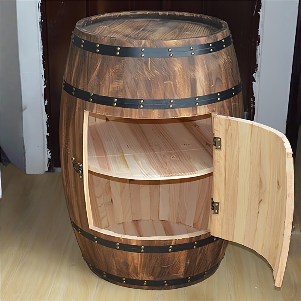 Wood Whiskey Barrel Tables, Barrels Side Table with Door, Bar Decorative Wine Cabinet with Shelf for Home, Wine Cellars and Bar(23.62 * 15.35in)