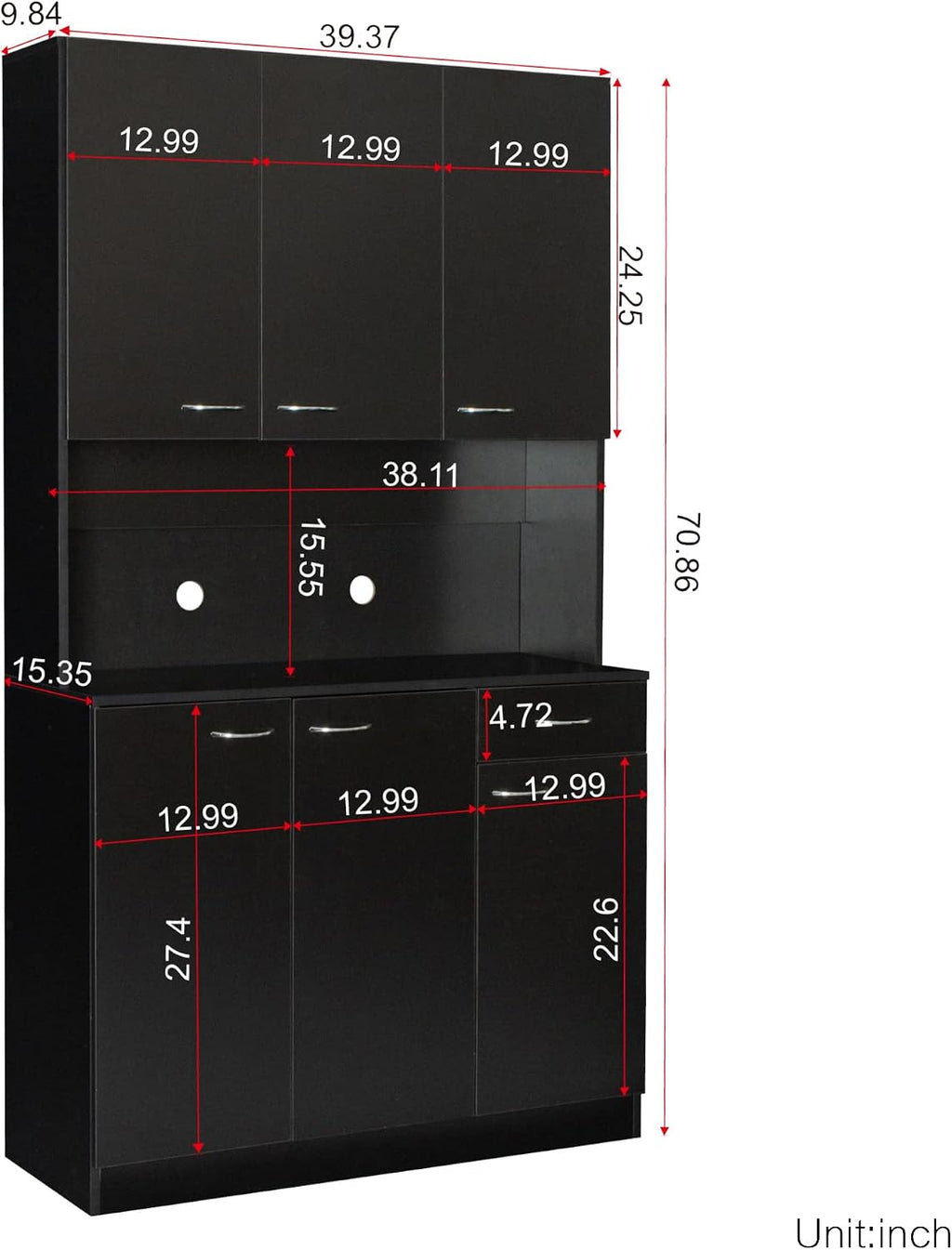 70.87" 6-Door Modern Kitchen Pantry Cabinet Combo with Drawer&Shelf for Dining Room Kitchen Living Room, Black
