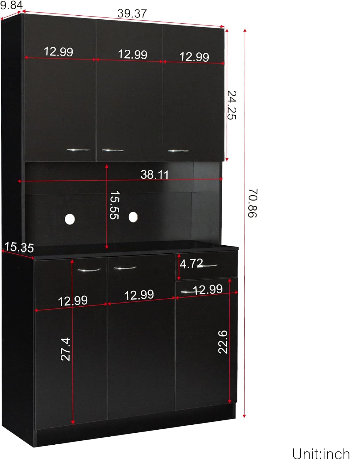 70.87" 6-Door Modern Kitchen Pantry Cabinet Combo with Drawer&Shelf for Dining Room Kitchen Living Room, Black
