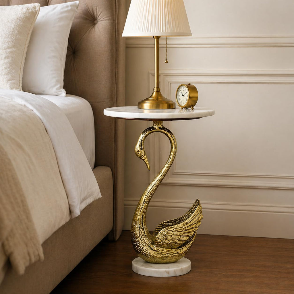 Swan Side Table with White Marble Top | Decorative Sculptural End Table | Aluminum Base | Gold Accent Table for Living Room | 16x16x23.75