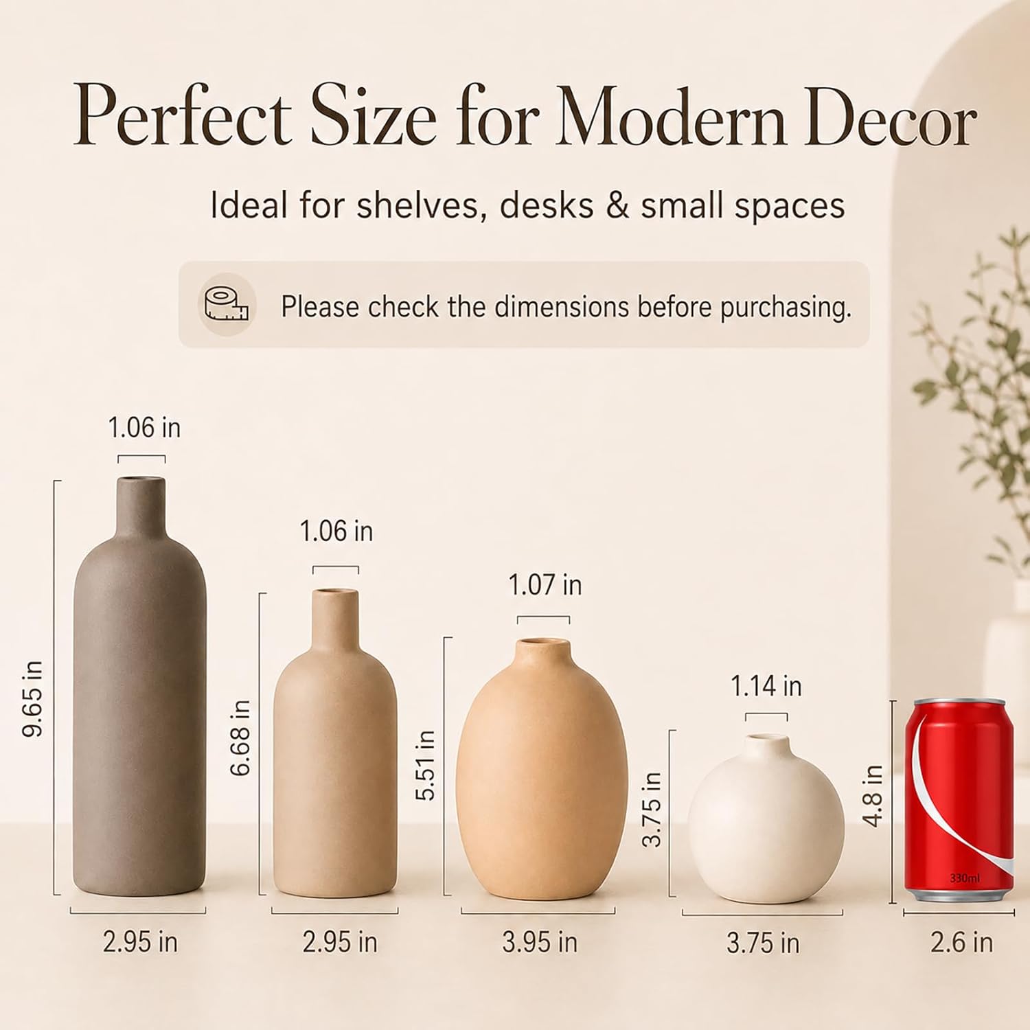 Ceramic Vase Set of 4 – Handmade Modern Minimalist Vases for Dried or Fresh Flowers, Matte Decorative Neutral Vases for Living Room, Table, Shelf & Entryway
