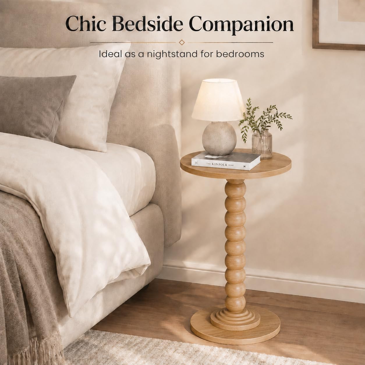 Round Side Table for Small Spaces, Modern Accent End Table with Solid Wood Legs, Versatile Drink Table for Living Room/Bedroom/Corners, Natural Wood