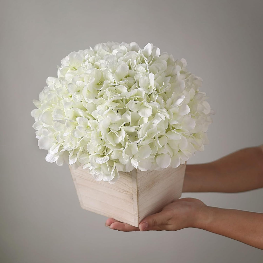 YXZZWL 10" Artificial Hydrangea Arrangement in Planter for Table Centerpiece, Lifelike Fake Hydrangea Potted Plant, Silk Faux Flowers in Wood Planter for Farmhouse Home Office Shower Decor (White)