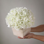 YXZZWL 10" Artificial Hydrangea Arrangement in Planter for Table Centerpiece, Lifelike Fake Hydrangea Potted Plant, Silk Faux Flowers in Wood Planter for Farmhouse Home Office Shower Decor (White)