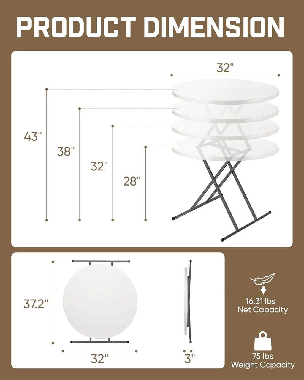 FanttikOutdoor 32" Round Folding Table 4 Heights Adjustable, One-Hand Quick Lift, Instalift, Plastic Portable Indoor Outdoor Table for Parties Commercial Events, 1 Pack, Granite White Zeta O3 Pro