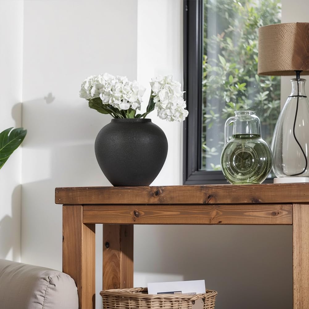 8.3″ Matte Textured Black Ceramic Vase – Modern Rustic Decorative Vase for Pampas Grass, Flowers & Greenery – Small Round Table Centerpiece for Living Room, Entryway, Shelf Decor