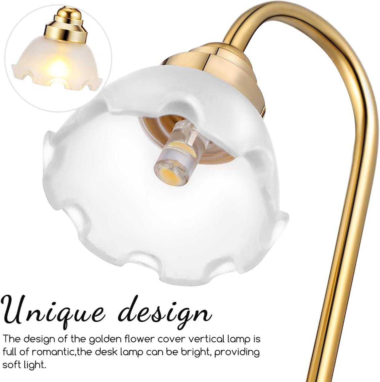 2 Pcs Miniature Dollhouse Floor Lamp, 1/12 Scale Battery Operated Mini Lamps, LED Lighting for Doll House Furniture Accessories, Gold Flower Shade Room Deco