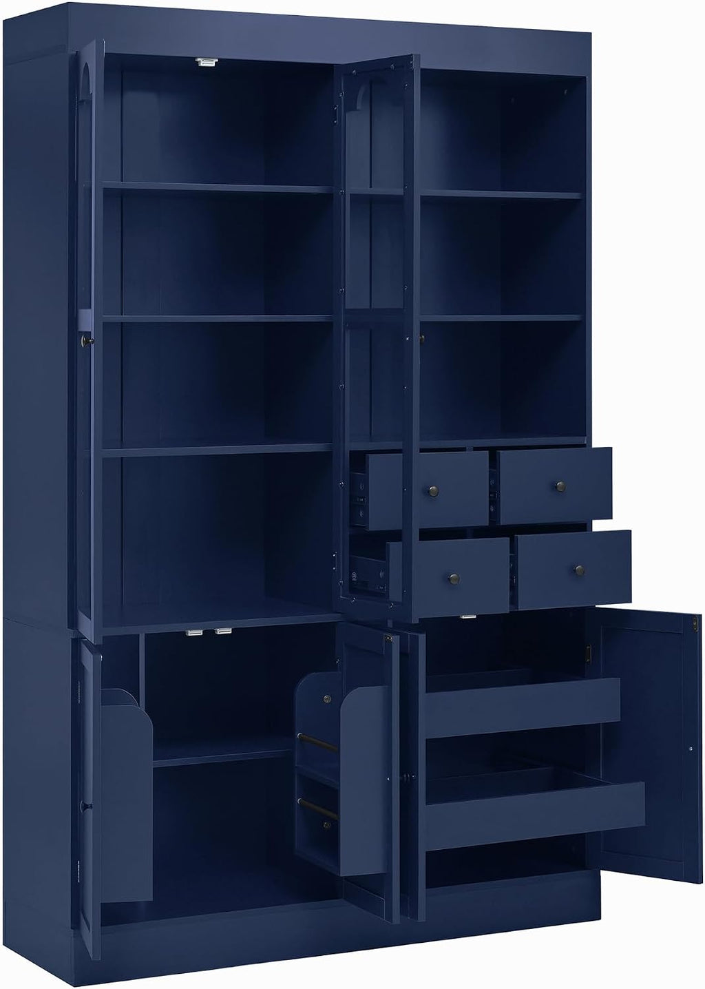 Freestanding Tall Kitchen Pantry Cabinet with 4 Drawers, Door Shelves and Pull-Out Trays, Wood Buffet Cabinet with Hutch with Hutch (Blue)