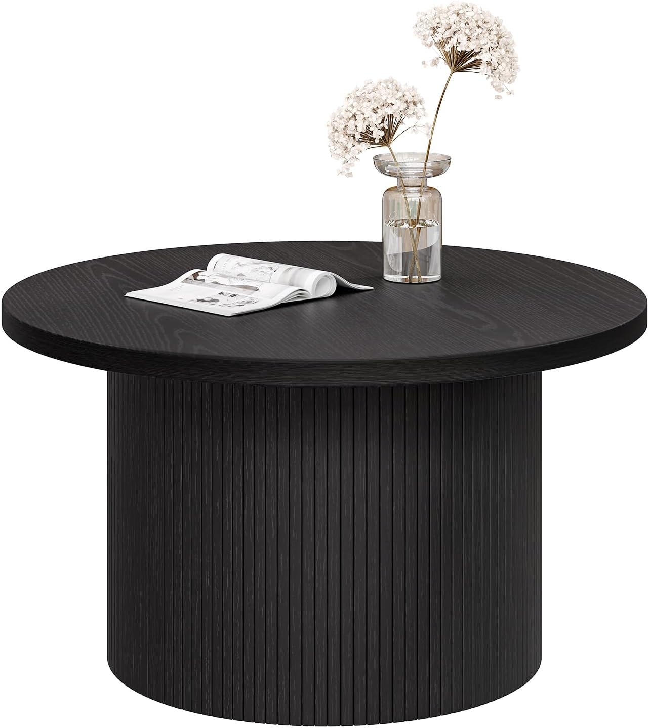 ONBRILL 31.5" Round Coffee Table, Tambour Design Coffee Tables for Living Room, Mid Century Modern Wood Coffee Table, Drum Accent Small Center Table, Black