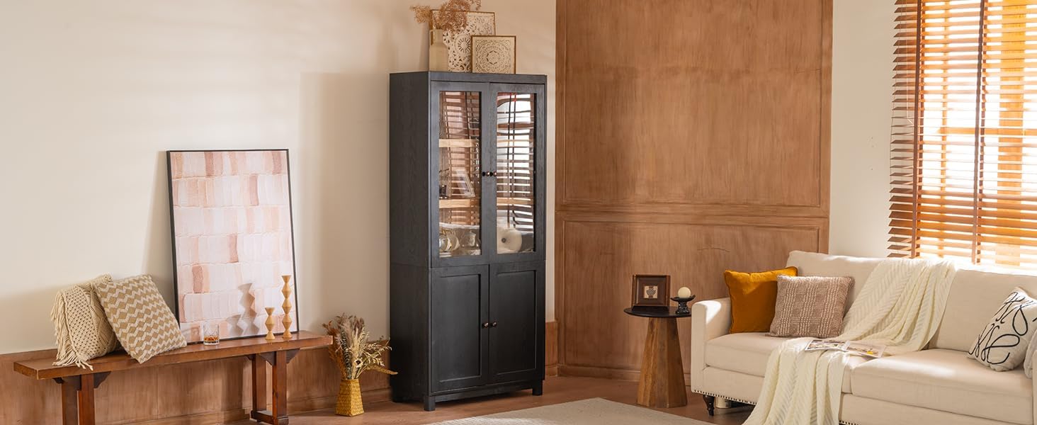 32.75" D*15.75" W*74.5" H Freestanding Kitchen Pantry with 4 Shelves, Top French Door & Lower Double Door, Rectangular Kitchen Pantry，for Living Room, Dining Room，Black