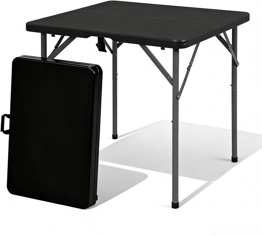 34'' Square Folding Card Table with Built in Handle & Steel Legs Black | 353LBS Capacity Heavy Duty HDPE Carry Handle Easily Lift Indoor Outdoor Utility for Picnic, Camping, Party & Tailgate