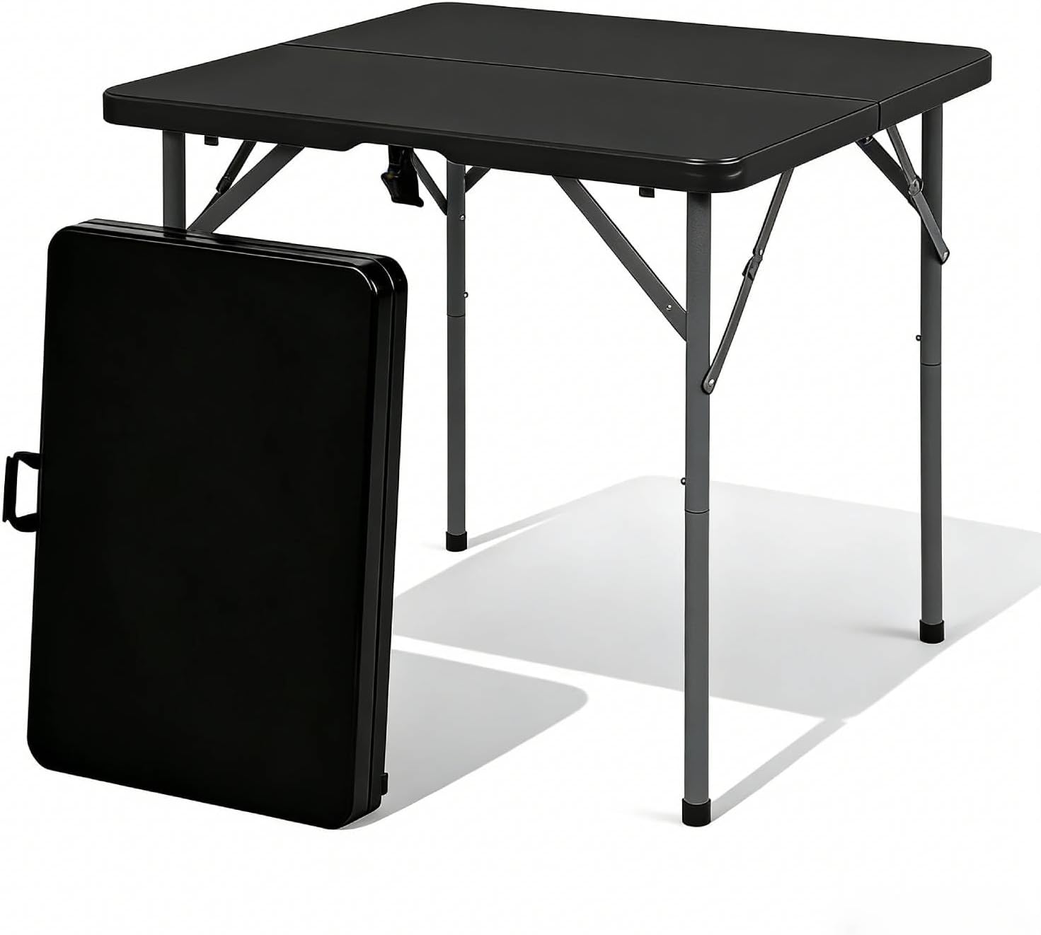 34'' Square Folding Card Table with Built in Handle & Steel Legs Black | 353LBS Capacity Heavy Duty HDPE Carry Handle Easily Lift Indoor Outdoor Utility for Picnic, Camping, Party & Tailgate