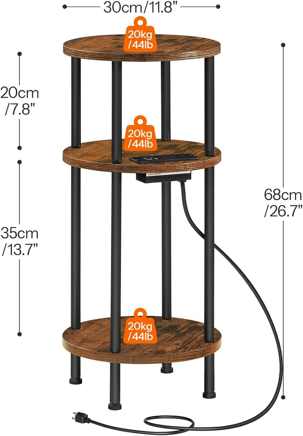 HOOBRO Small Round Side Table, 3-Tier Compact Sofa End Table with Charging Station, Circle Bedside Table Nightstand with Storage, for Small Space, Living Room, Bedroom, Rustic Brown BF219UBZ01