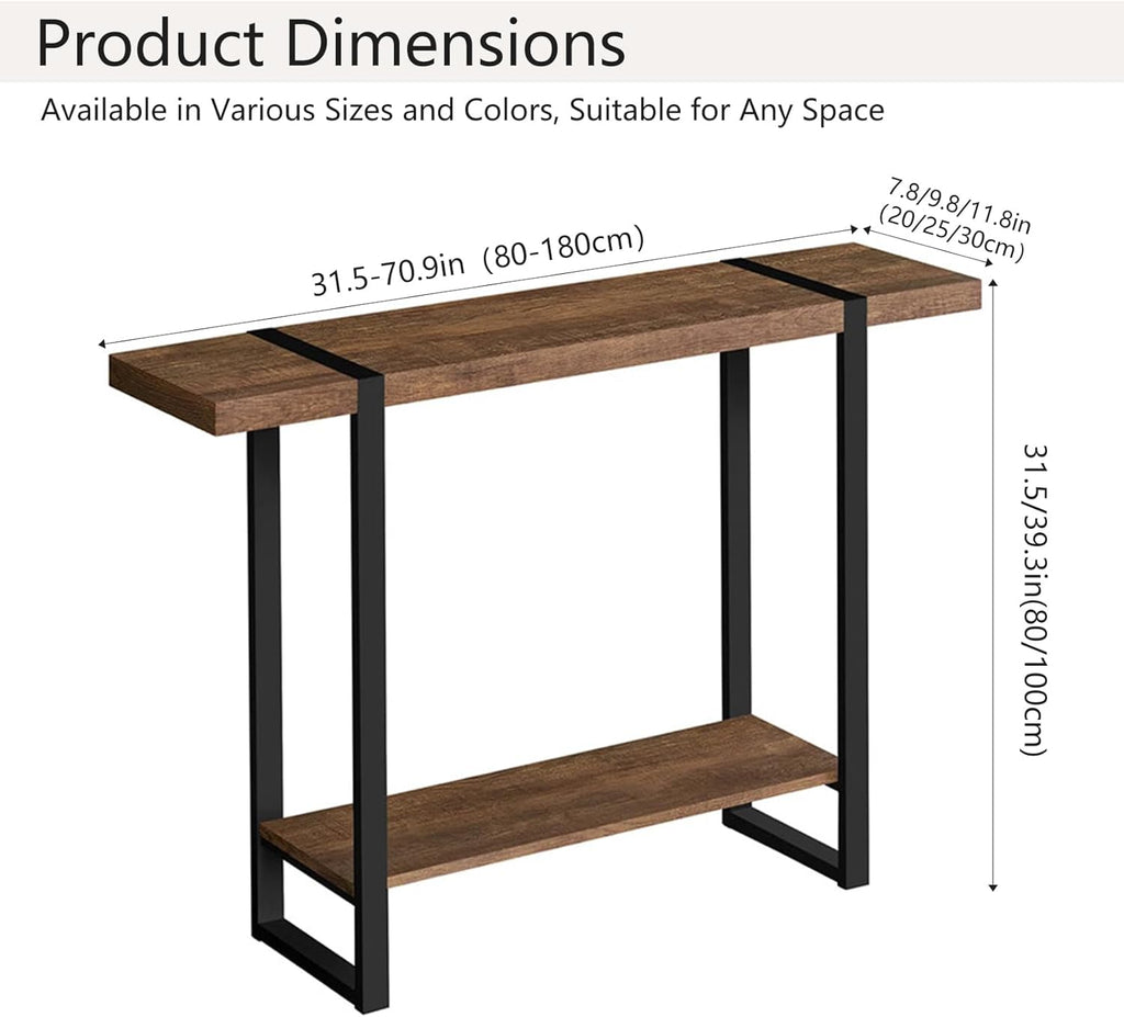 Narrow Console Table, 1.8" Thick Solid Wood Entryway Table for Small Spaces, Heavy Duty 2-Tier Sofa Table, Industrial Metal Frame Hallway, Accent Table for Entrance, Living Room