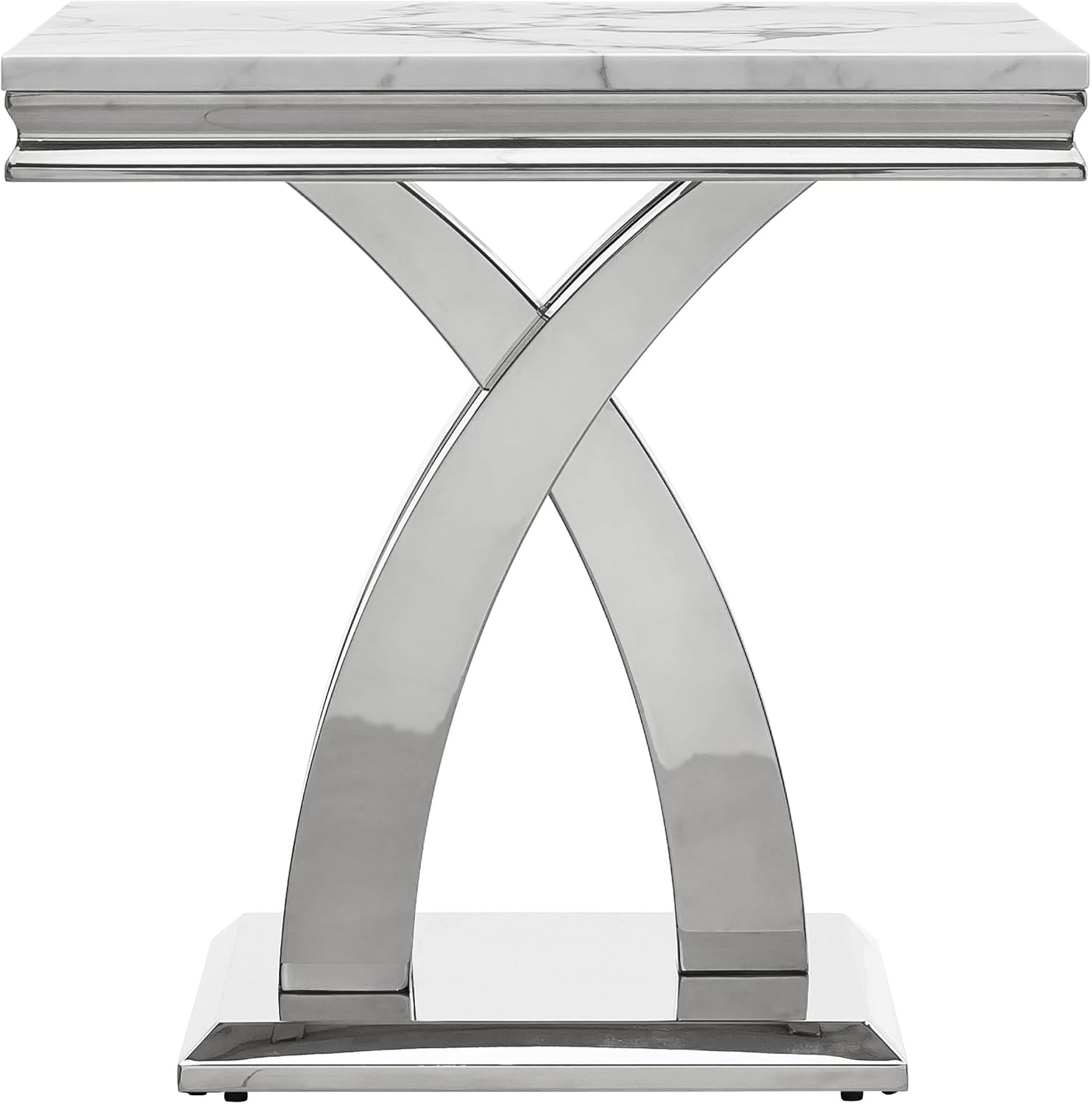 1 Piece Living Room End Table Luxury Faux Marble Sofa Side Table, Modern White Silver End Table with X-Shape Stainless Steel Pedestal Base