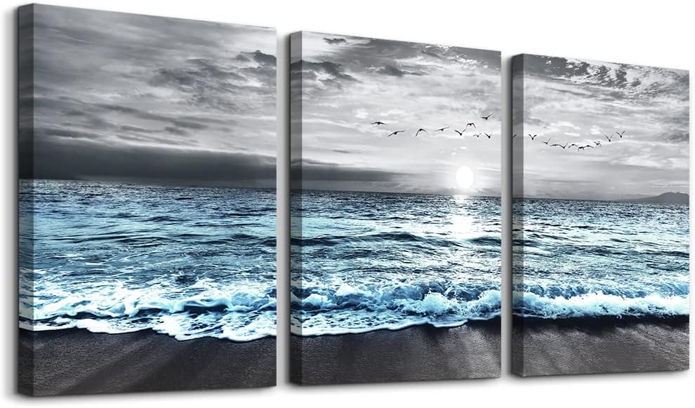 DZRWUBHS Wall Decorations For 3 Piece Framed Canvas Art Bedroom Office Decor Black &White Painting Blue Ocean Sea Wave Pictures Artwork Modern Beach Posters Home Decor,Blue Ocean Landscape Paintings