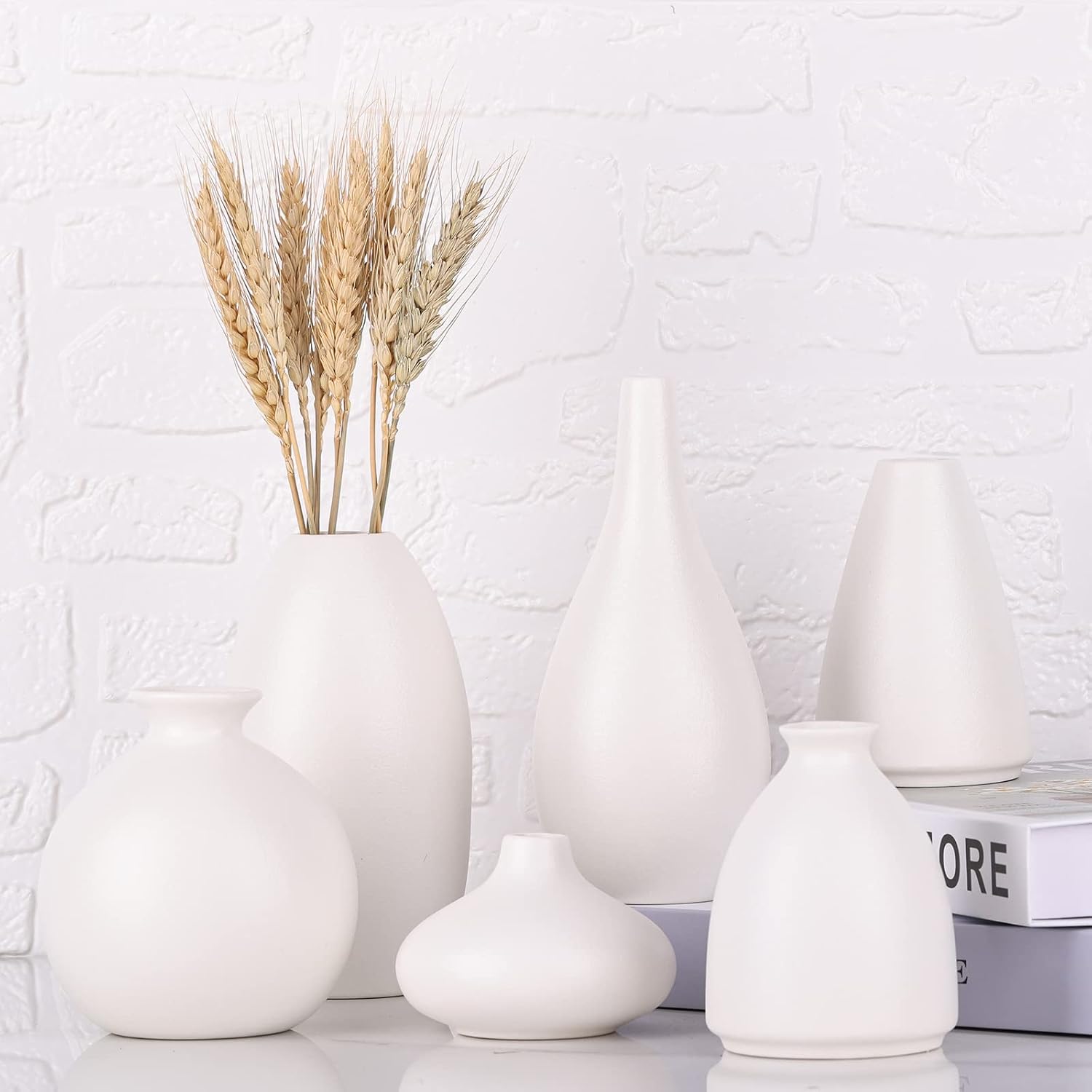Set of 6 Matte White Small Vases for Flowers, Ceramic Bud Vase Bulk Boho Centerpieces for Tables, Mini Short Vase Modern Bulk Wedding Centerpieces Ikebana Vases for Bridal Shower/House Warming Gift
