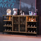 Farmhouse Wine Bar Cabinet with Led Light, Industry Coffee Bar with Wine Rack and Glass Holder, Metal Sideboard and Liquor Cabinet with Mesh Door for Living Room, 55.12"x13.78"x30.31", Rustic Brown