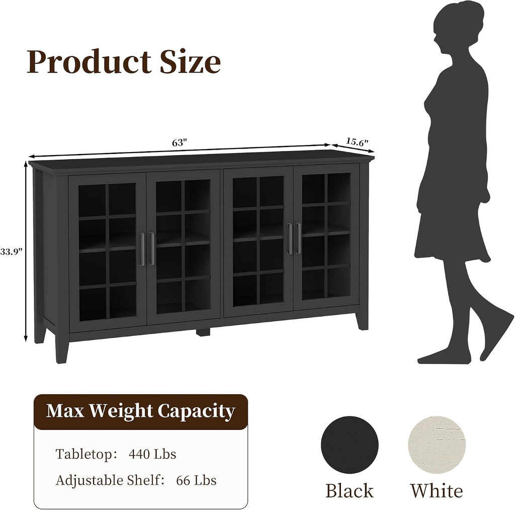 63 Inch Sideboard Buffet Cabinet with 4 Glass Doors, Coffee Wine Bar Storage Cabinet, Modern Buffet Table with Storage for Dining Room, Kitchen, Living Room, Black
