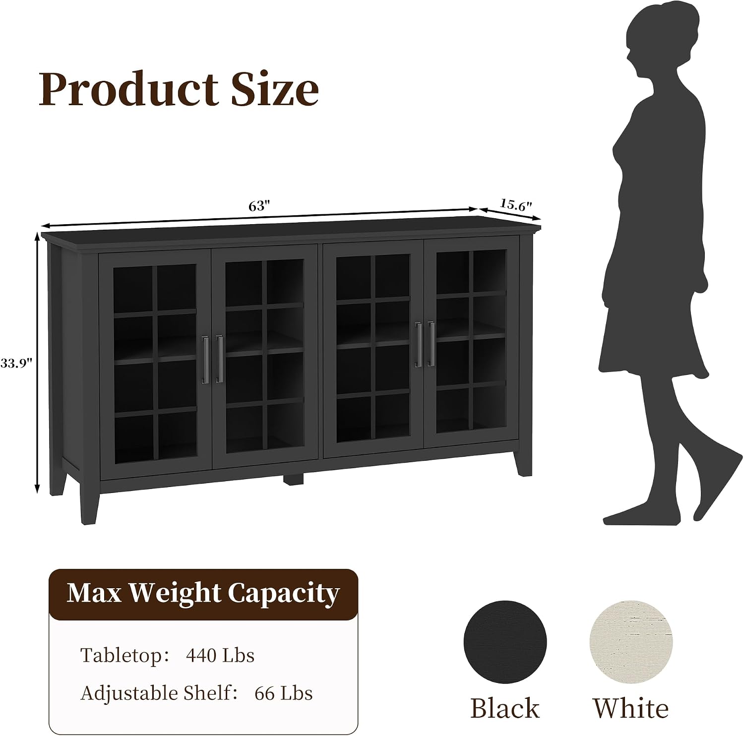 63 Inch Sideboard Buffet Cabinet with 4 Glass Doors, Coffee Wine Bar Storage Cabinet, Modern Buffet Table with Storage for Dining Room, Kitchen, Living Room, Black