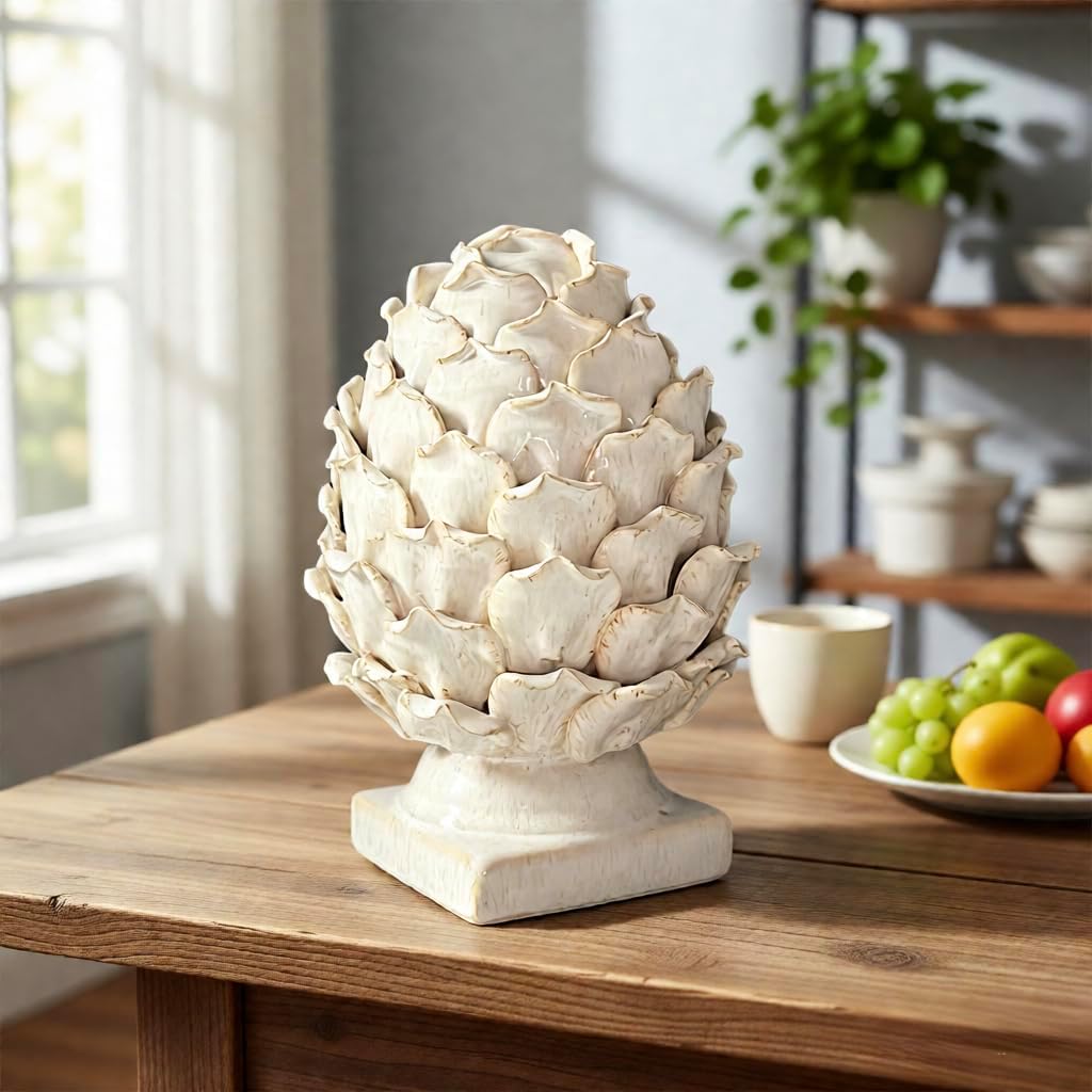 White Ceramic Artichoke Statue | Unique Artisanal, Decorative Sculpture, For Living Room, Office, Bookshelf
