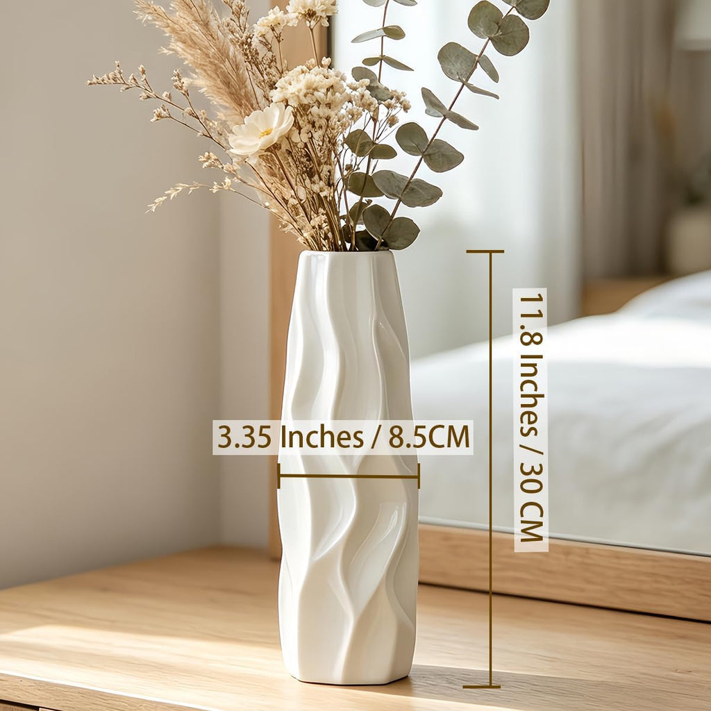 12 Inch White Vase Ceramic Flower Vase, Tall Vases for Pampas Grass, Home Decor, Modern Textured Vases for Living Room Decorations,Table Centerpieces,Shelf,Farmhouse Small Ceramic Vase