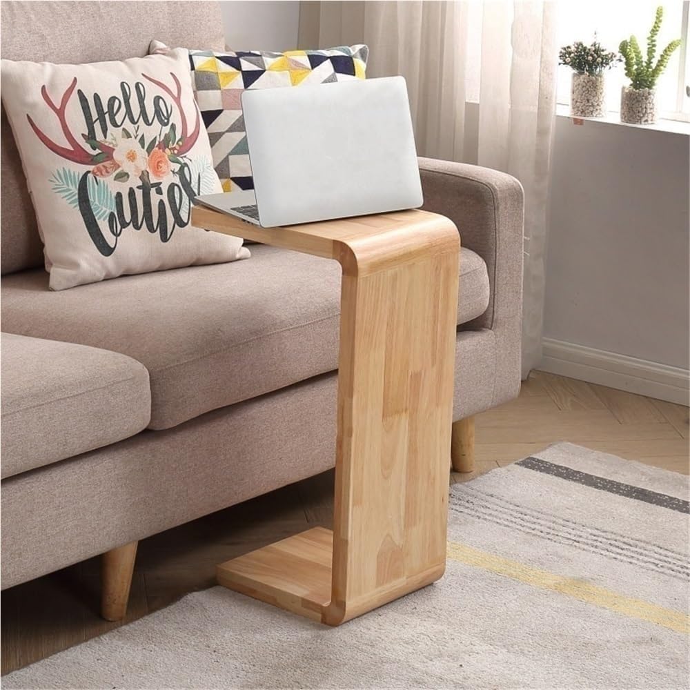 C Shaped End Table - Solid Wood Sofa Side Tables for Living Room & Home Office, Practical Laptop Desk and TV Tray