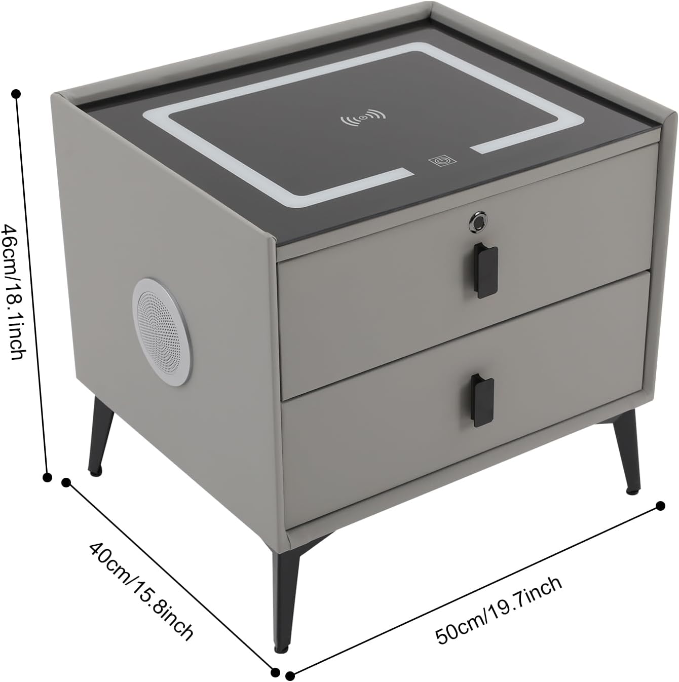 3 Color LED Nightstand with Wireless Charging Station & USB Ports, 2 Drawers Modern Night Stand Bedside Table End with Fingerprint Lock & Bluetooth Speaker Table for Bedroom, Living Room (Light Gray)