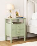 Fluted Nightstand, Farmhouse Night Stand with 2 Drawers, Mid Century Modern Side Accent Table,Bedside End Table for Bedroom, Living Room, Green