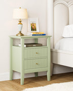 Fluted Nightstand, Farmhouse Night Stand with 2 Drawers, Mid Century Modern Side Accent Table,Bedside End Table for Bedroom, Living Room, Green
