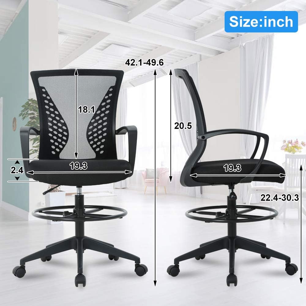 Drafting Chair Tall Office Chair Ergonomic Desk Chair Massage Mid Back Mesh Computer Executive Chair with Lumbar Support & Foot Ring Height Adjustable Rolling Swivel Drafting Stool for Standing Desk
