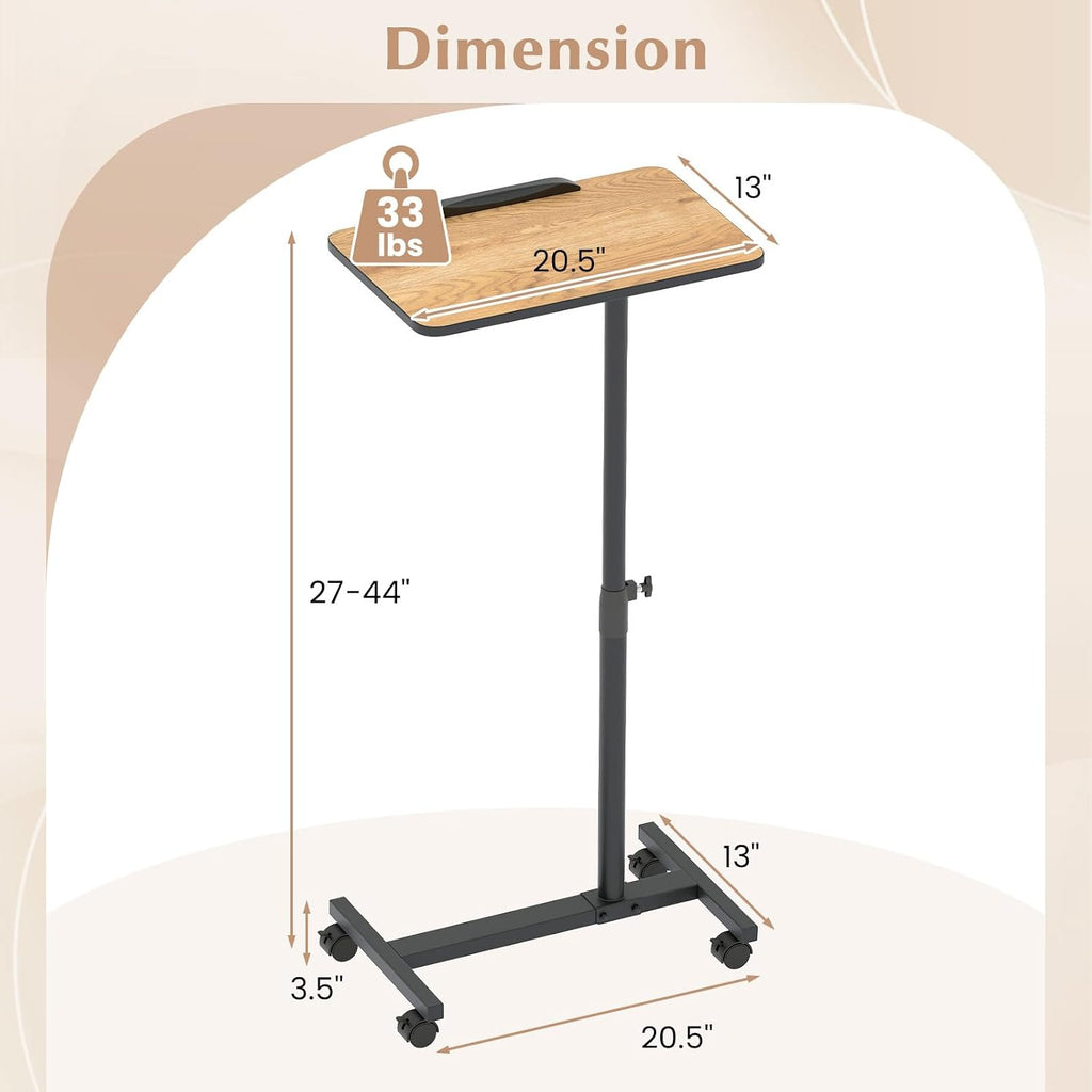 GOFLAME C-Shaped End Table Adjustable Height, Rolling Couch Sofa Side Table with 360° Tilting Top, Edge Stopper & Lockable Wheels, Modern 360° Swivel TV Tray Tables for Living Room, Bedroom (Brown)