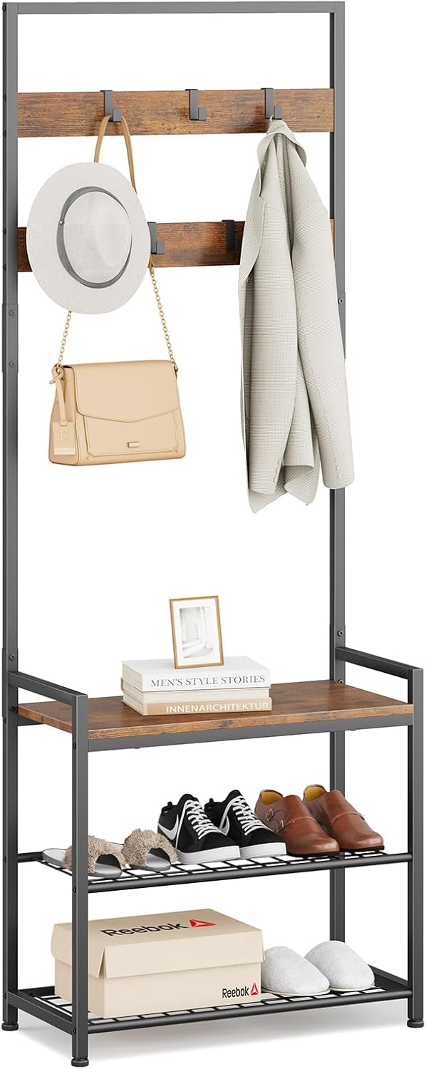 Hall Tree with Shoe Storage Bench - Entryway Bench with Coat Rack and Hooks - 3-in-1 Small Hall Tree for Entry Way, Entrance, Hallway, Doorway, Front Door, Mudroom, Small Space - Rustic Brown