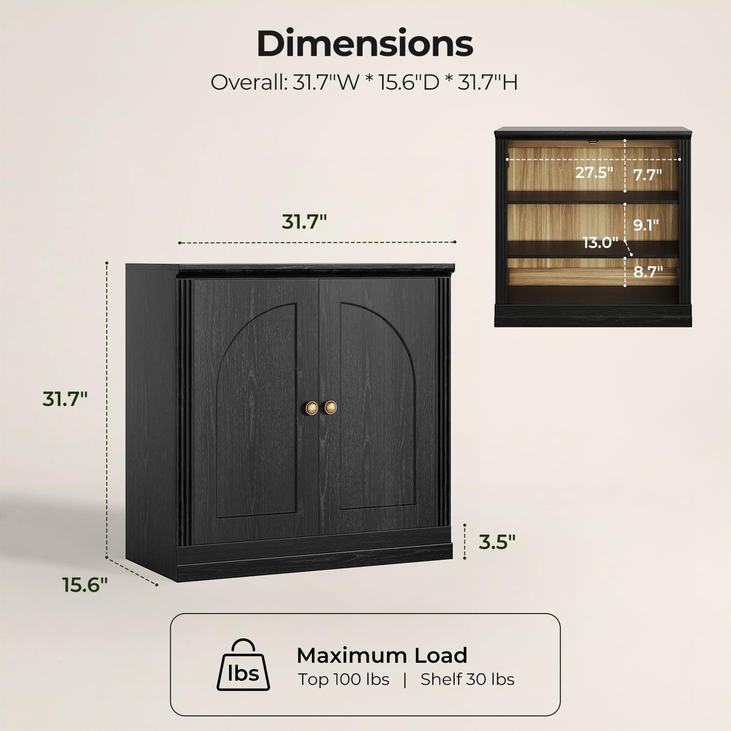 CHIC HOUSE Monos Storage Cabinet with Doors & Shelves, Modular Fluted Accent Arched Cabinet, Sideboard Buffet Coffee Bar Kitchen Pantry Cabinet, Media Console Credenza for Living Room, Black