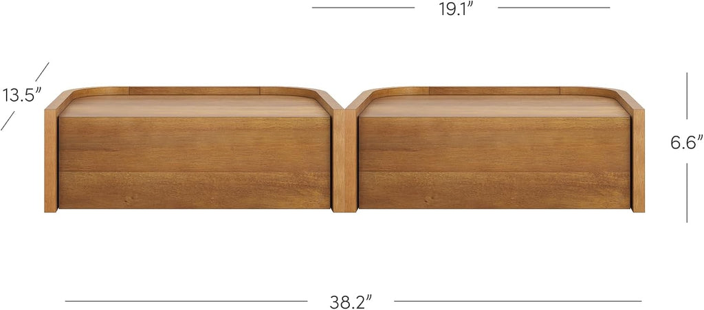 Nathan James Tyla Wall Mounted Bedside Table, Floating 1-Drawer Nightstand with Rounded Edges, Light Brown Set of 2