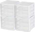Sterilite 4-Pack 3 Drawer Unit, Stackable Plastic Organizer with Drawers, White Frame - Multi-Purpose Countertop Storage Containers for Office Supplies, Craft Rooms, Classrooms and Home Organization