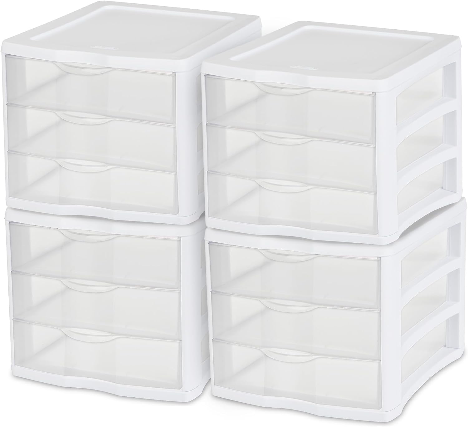 Sterilite 4-Pack 3 Drawer Unit, Stackable Plastic Organizer with Drawers, White Frame - Multi-Purpose Countertop Storage Containers for Office Supplies, Craft Rooms, Classrooms and Home Organization