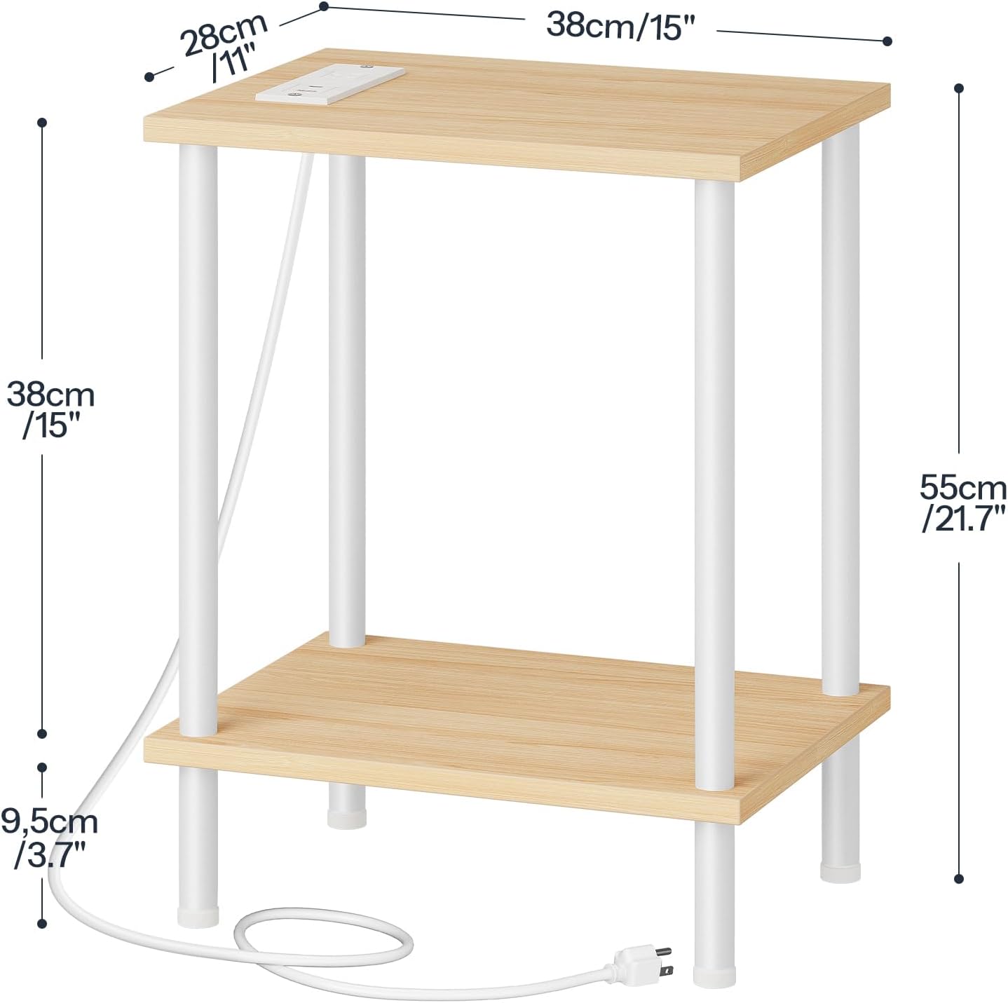 HOOBRO Side Table with Charging Station, End Table with USB Port and Outlet, Nightstand with 2-Layer Storage Shelves for Small Spaces, Living Room, Bedroom, Stable Frame, Natural and White WN09UBZ01