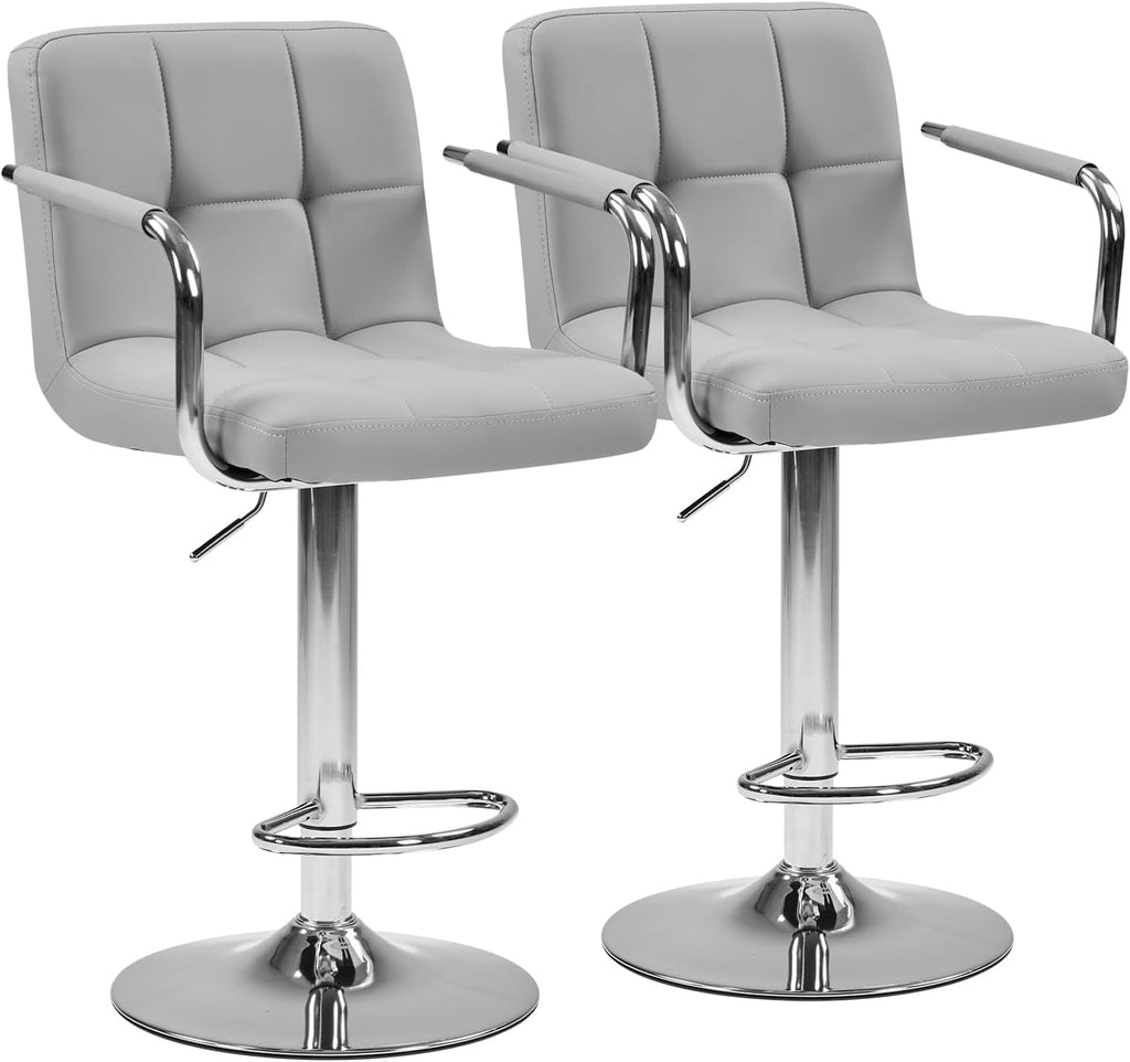 DUMOS Bar Stools Set of 2, Adjustable Swivel Bar Chairs with Padded Armrests and Ergonomic Backrest for Kitchen Island Counter Pub Dining Room, Water-Resistant PU Leather, Grey
