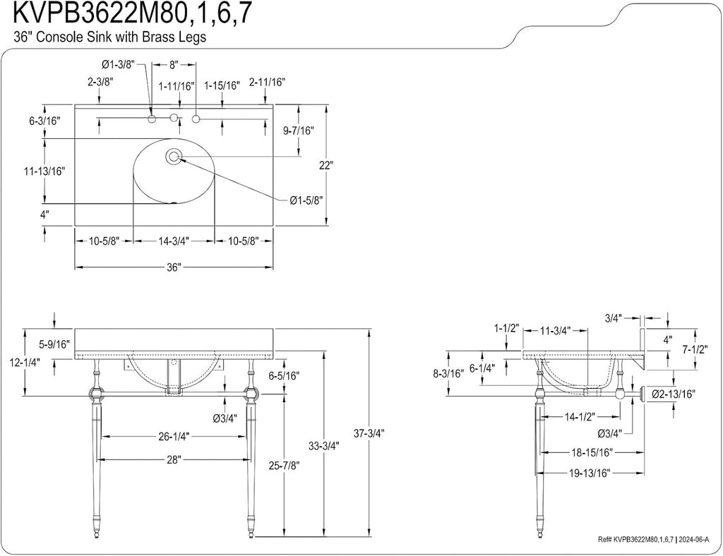 Kingston Brass KVPB3622M86 Edwardian 36" Console Sink with Brass Legs (8-Inch, 3 Hole), Marble White/Polished Nickel